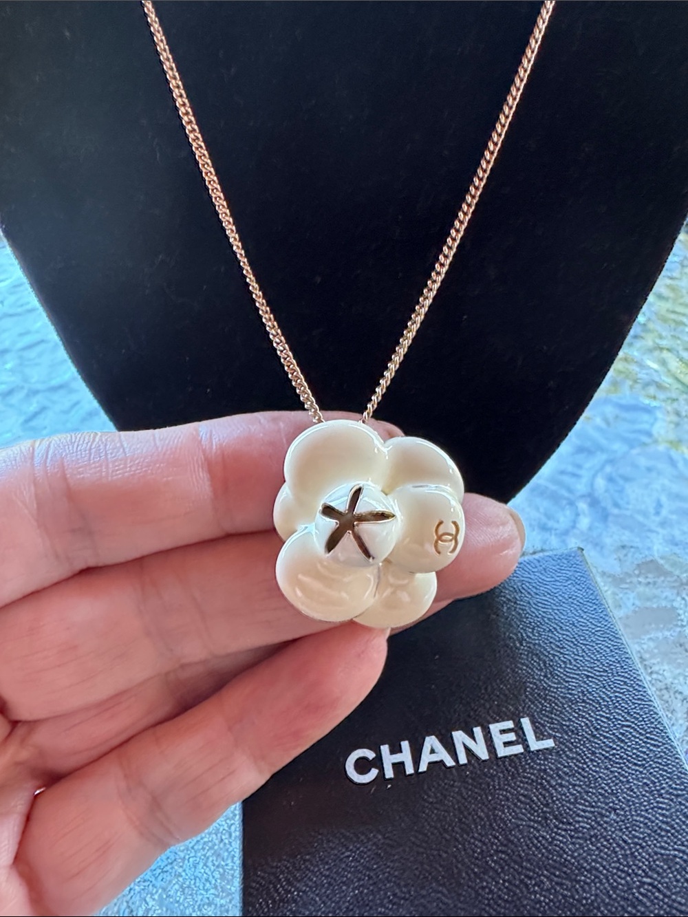 CHANEL White Camellia Pendant Gold Plated Necklace - Rose Gold Chain